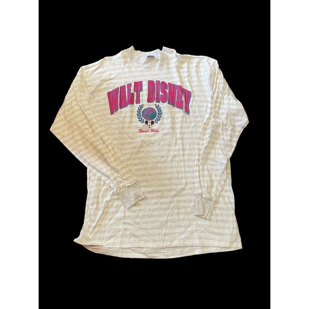 Walt Disney World Wide Long Sleeve White Heathered Gray Stripe Mickey USA One SZ - Picture 1 of 7